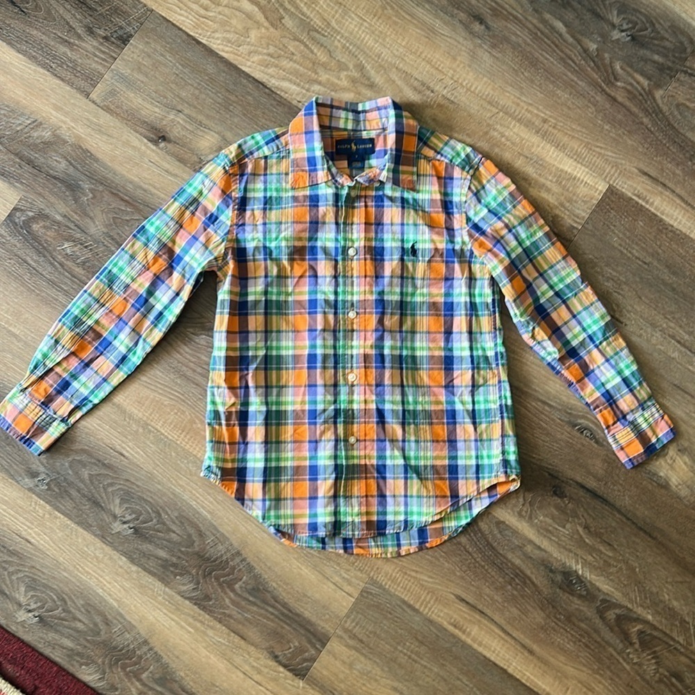 Ralph Lauren boys dress shirt size 7 orange,blue,green,yellow,white stripes